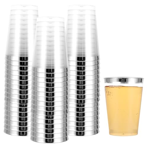 FWEEK 50 Stück Plastikbecher mit Silberrand, 360ml/12oz Transparent Wiederverwendbare Partybecher, Partybecher aus Kunststoff für Cocktail, Champagner, Bier, Getränk, Dessert von FWEEK