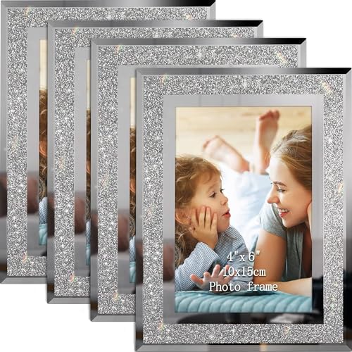 FWEEK 4er Set Bilderrahmen Glitzer, 10x15cm Bilderrahmen Glas, Diamant Glitter-Fotorahmen für Häuser, Büros, Hochzeitsfotos，Geschenk, Horizontal oder Vertikal von FWEEK