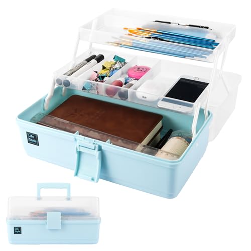 FWEEK Bastelkoffer Leer, Medikamenten Aufbewahrung, 3-Regal Mehrzweck-Aufbewahrungsbox, 33 cm Aufbewahrungsbox Medikamente, Toolbox mit Griffen, Bastelbox für zu Hause, Blau von FWEEK