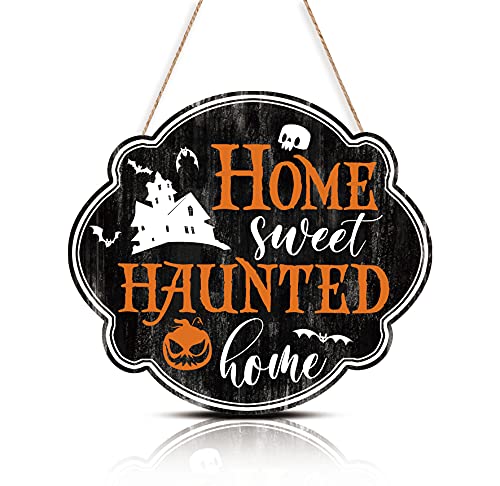 FWIEXA Lustiges Holzschild mit Aufschrift "Home Sweet Haunted Home", 30.7 x 27.4 cm, "Happy Halloween"-Dekoration, Kunstschild, Halloween-Thema, Holzschild zum Aufhängen, Haustür, Motto-Party von FWIEXA