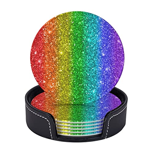 Moderne Untersetzer für Getränke, runde Tassenuntersetzer, 6er-Set für Familien, Moderne runde Tassenunterlage, mehrfarbiger Regenbogen-Glitzer von FWJZDSP