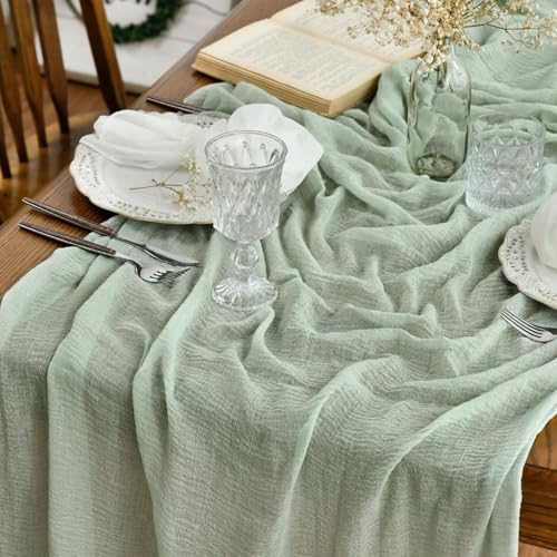 1 Stück Tischläufer Salbeigrün 90x300 cm Käsetuch Tischläufers Eukalyptus Grün Tischläufer Hochzeit Musselin Tischläufers Boho Hochzeit für Hochzeitsdeko, Tischdeko Geburtstag, Babyparty von FWORUAIS