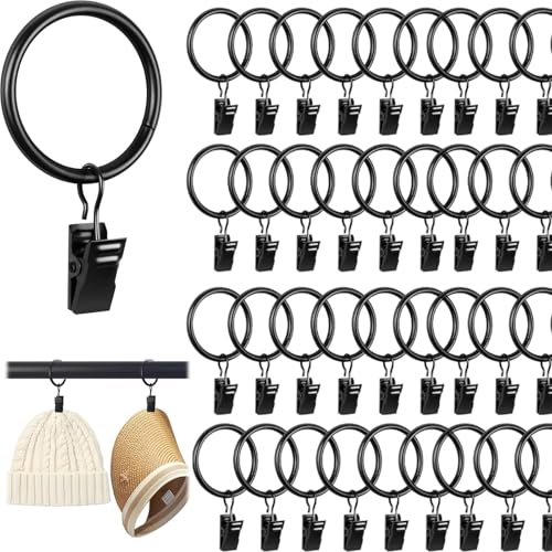 40 Stück Gardinenringe mit Clips, Metall Vorhangringe, Vorhang Hängend Ringe, 32mm Innendurchmesser Curtain Rings für Stange Fenster Tür Duschvorhang Wäscheleine(Schwarz) von FWORUAIS