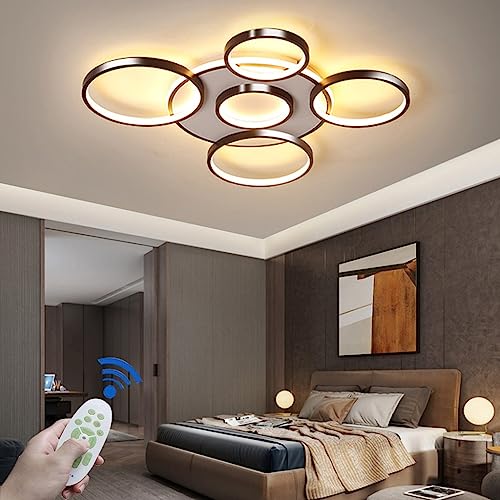 FWX Deckenleuchte LED große moderne Deckenlicht Innenwohnzimmerleuchte braune runde Deckenlampe dimmbare Metallbeleuchtung mit Fernbedienung Restaurant Schlafzimmer Bar Coffee Shop Pendelleuchte(Größe von FWX