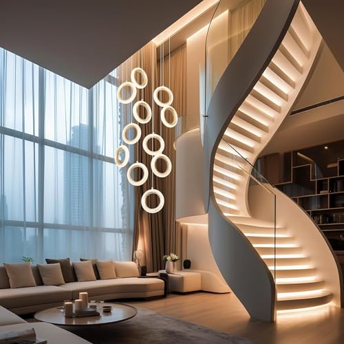 FWX Kronleuchter Hohe Decke 12 Ringe Große Treppenhaus-Deckenbeleuchtung Einstellbar Goldene Moderne LED-Pendelleuchte Kristallfoyer Dimmbarer Deckenleuchter für Treppeneingang Wohnzimmer von FWX