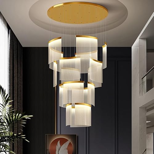 FWX Kronleuchter Moderne Große Treppe Hängelampe LED Gold Treppenhaus Licht Dimmbar Hohe Decke Pendellampe Mit Fernbedienung Für Villa Foyer Wohnzimmer Dachboden Hängeleuchte von FWX