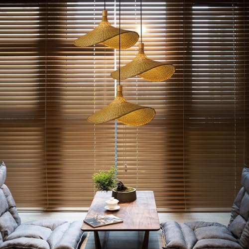 FWX Kronleuchter Retro Bambus Pendelleuchte Natürlicher Vintage Hängelampe E27 Handgewebter Rattan Lampenschirm Hut Pendellampe Für Restaurant Esszimmer Wohnzimmer Schlafzimmer Korridor Deko Leuchte von FWX