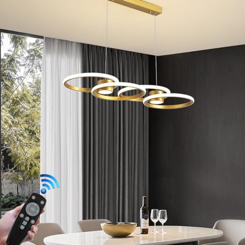 FWX LED Kronleuchter Raumpendellampe dimmbare Ring Pendelleuchte mit Fernbedienung Moderne Hängelampe Kunstdesign höhenverstellbar für Esszimmer Restaurant Rezeption Bar Wohnzimmer(Color:Gold) von FWX