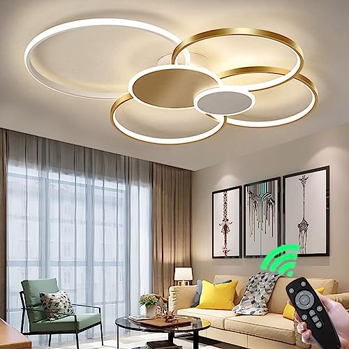 FWX Moderne LED Deckenleuchte Großes Wohnzimmer Dimmbare Deckenlampe Mit Fernbedienung Deckenlicht Runde Ringe Kreatives Design Metall Acryl Beleuchtung Esszimmer Schlafzimmer Dekoration Pendelleuchte von FWX