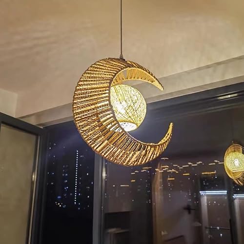 FWX Pendelleuchte E27 Hanfseil Retro Kronleuchter kreativ Mond Hängelampe Bambus Rattan geflochten Kunst Restaurant rustikal Pendellampe Freizeit Balkon Schlafzimmer Dekoration Kinderzimmer Hängeleuch von FWX