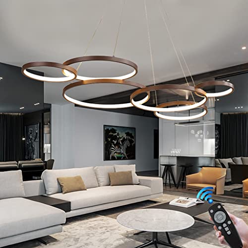 FWX Pendelleuchte LED Großer Innenraum Esstisch Kronleuchter Höhenverstellbar Hängeleuchte Wohnzimmerlampe Dimmbar Mit Fernbedienung Moderne Aluminium Ringe Pendellampe Cafe RestaurantDeckenleuchte von FWX