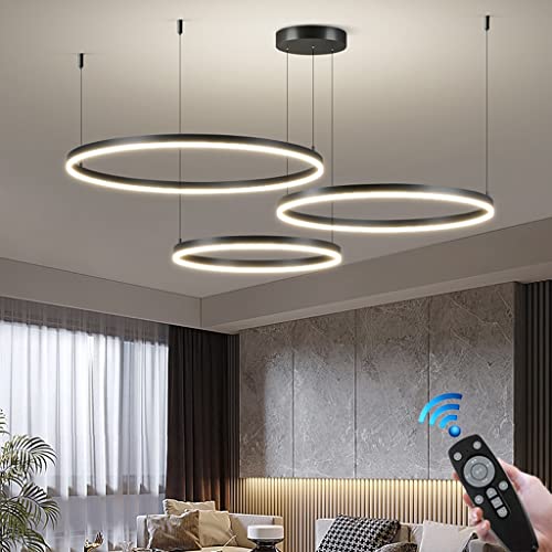 Pendelleuchte Modern Ring LED Dimmbar Wohnzimmer Kronleuchter Mit Fernbedienung Schick Hängeleuchte Schlafzimmer Salon Esszimmer Leuchter Verstellbare Höhe Kombination Hängelampe(Color:Schwarz,Größe:6 von FWX