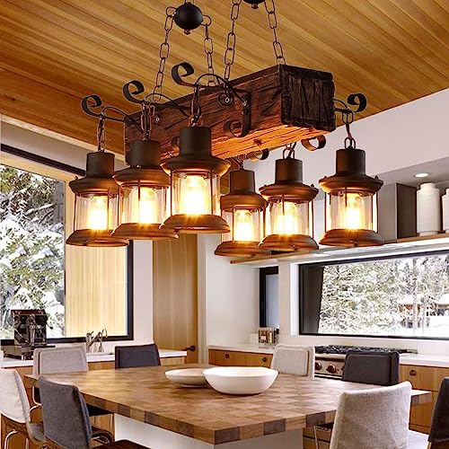 FWX Pendelleuchte Rustikale E27 Holz Lampen Vintage Eiche Hängeleuchte Esstisch Esszimmer Kronleuchter Industrial Metal Hängeleuchte Retro Deckenlampe Industrielampe Landhaus Leuchte Bar Droplight von FWX