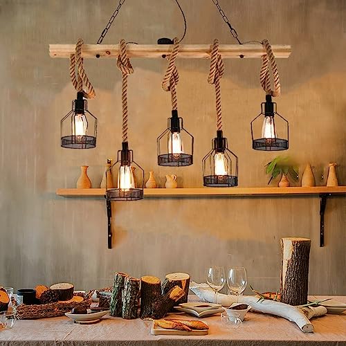 FWX Pendelleuchte Vintage E27*5 Esstischlampe Holz Kronleuchter Höhenverstellbar Hängelampe Hanfseil DIY Verstellbare Hängeleuchte Industrial Retro Eisen Pendelampe Wohnzimmer Küche Bar Deckenleuchte von FWX