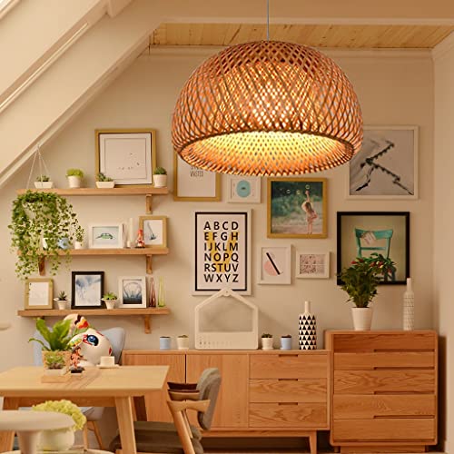 FWX Rattan-Lampe E27 Pendelleuchte Landhausstil Vintage Hängeleuchte Handgewebt Pendellampe Bambus Lampenschirm Höhenverstellbare Retro Kronleuchter Esszimmer Küche Hängend Decke Lampe (Größe : 60cm) von FWX