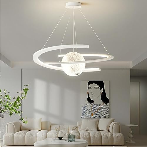 Kronleuchter Kinderzimmer Modern Space Star Hängelampe LED Dimmbar Pendelleuchte Acryl Planet Erde Ball Kunst Home Decor Fantasy Interior Kinderbeleuchtung Cartoon Deckenleuchte(Color:Weiß,Größe:80cm) von FWX
