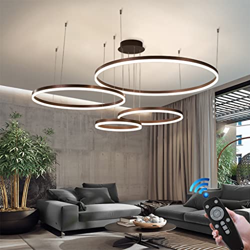 Pendelleuchte Modern Ring LED Dimmbar Wohnzimmer Kronleuchter Mit Fernbedienung Schick Hängeleuchte Schlafzimmer Salon Esszimmer Leuchter Verstellbare Höhe Kombination Hängelampe(Color:Braun,Größe:40+ von FWX