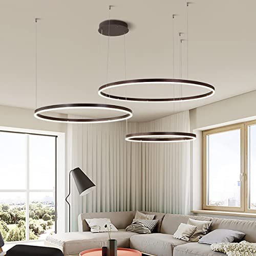 Pendelleuchte Modern Ring LED Dimmbar Wohnzimmer Kronleuchter Mit Fernbedienung Schick Hängeleuchte Schlafzimmer Salon Esszimmer Leuchter Verstellbare Höhe Kombination Hängelampe(Color:Braun,Größe:40+ von FWX