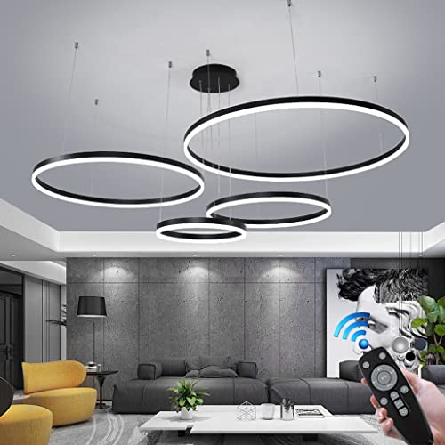 Pendelleuchte Modern Ring LED Dimmbar Wohnzimmer Kronleuchter Mit Fernbedienung Schick Hängeleuchte Schlafzimmer Salon Esszimmer Leuchter Verstellbare Höhe Kombination Hängelampe(Color:Schwarz,Größe:4 von FWX