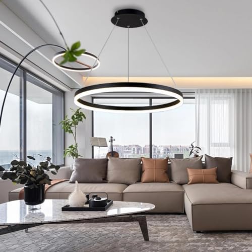 Pendelleuchte Moderne LED Esstisch Kronleuchter Wohnzimmer Dimmbar mit Fernbedienung Kreativ Pendellampe Rund Ringe Hängeleuchte Metall Acryl Hängelampe Esszimmer Lampe Wohnzimmer Leuchte(Color:Schwar von FWX