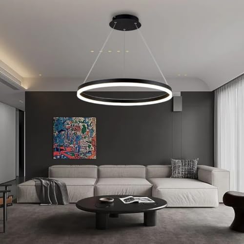 Pendelleuchte Moderne LED Esstisch Kronleuchter Wohnzimmer Dimmbar mit Fernbedienung Kreativ Pendellampe Rund Ringe Hängeleuchte Metall Acryl Hängelampe Esszimmer Lampe Wohnzimmer Leuchte(Color:Schwar von FWX