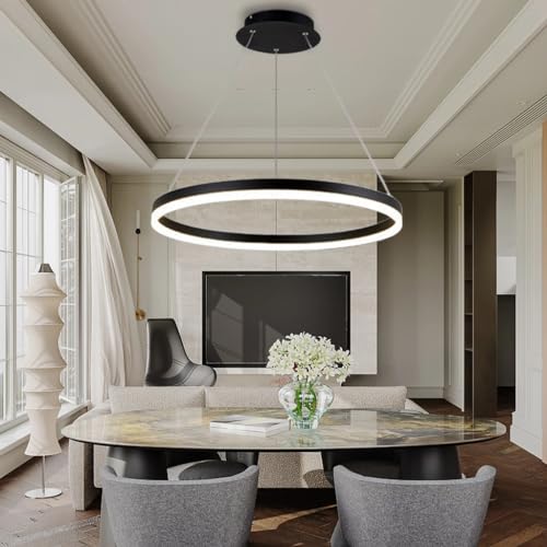 Pendelleuchte Moderne LED Esstisch Kronleuchter Wohnzimmer Dimmbar mit Fernbedienung Kreativ Pendellampe Rund Ringe Hängeleuchte Metall Acryl Hängelampe Esszimmer Lampe Wohnzimmer Leuchte(Color:Schwar von FWX