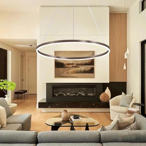 Pendelleuchte Moderne LED Esstisch Kronleuchter Wohnzimmer Dimmbar mit Fernbedienung Kreativ Pendellampe Rund Ringe Hängeleuchte Metall Acryl Hängelampe Esszimmer Lampe Wohnzimmer Leuchte(Color:Braun, von FWX