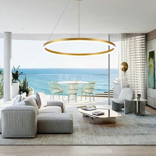 Pendelleuchte Moderne LED Esstisch Kronleuchter Wohnzimmer Dimmbar mit Fernbedienung Kreativ Pendellampe Rund Ringe Hängeleuchte Metall Acryl Hängelampe Esszimmer Lampe Wohnzimmer Leuchte(Color:Gold,G von FWX