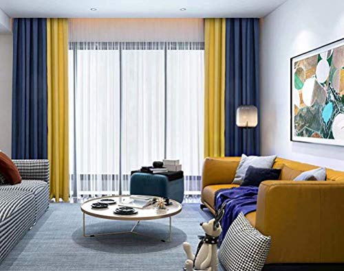 FWZJ Spleißen Baumwolle und Leinen Wohnzimmer Schlafzimmer Vorhänge europäischen Stil einfache High-End-Verdunkelungsvorhang 132cmx210cm (Breite x Höhe) 2 Paneele Blau Gelb von FWZJ