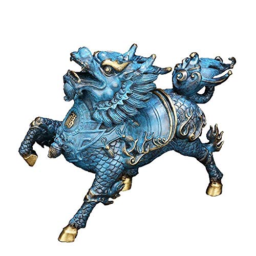 QiLin/Kirin Blue Pure Copper Guardian Statuen, chinesisches Feng Shui-Dekor für Zuhause und Büro ziehen Wohlstand und viel Glück an. Beste Einweihungsfeier Glückwunschgeschenk (F von FWZJ