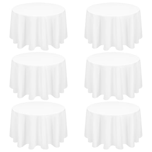 6 Stück153cm Runde Tischdecke Weiß Polyester Tischdecke, Waschbare Stoff Fleck und Falten Beständige Tischdecke Runde Tischdecke Tischwäsche für Hochzeit Party Bankett Buffet von FXKS