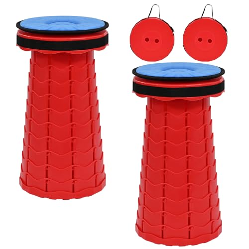 FXKS 2 x Tragbarer Teleskophocker,Klapphocker Hocker Max Tragfähigkeit 180 kg,6,5-45 cm Höhenverstellbarer Klapphocker mit Kissen,Tragbare Teleskophocker Hocker für Camping Wandern -Rot von FXKS