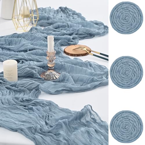 FXKS 3 Stück Staubiges Blau Seihtuch Tischläufer,90 x 300 cm Rustikaler Gaze Stoff Boho Tischläufer Käsetuch Cheesecloth Tischläufer Hochzeit Tischdecke für Hochzeit Brautparty Bankett von FXKS