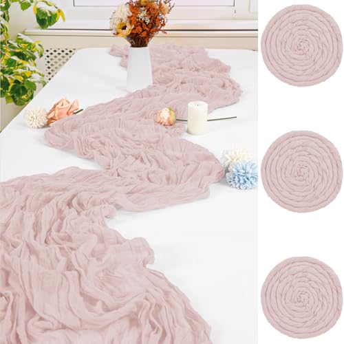 FXKS 3 Stück Staubiges Rosa Seihtuch Tischläufer,90 x 300 cm Rustikaler Gaze Stoff Boho Tischläufer Käsetuch Cheesecloth Tischläufer Hochzeit Tischdecke für Hochzeit Brautparty Bankett von FXKS