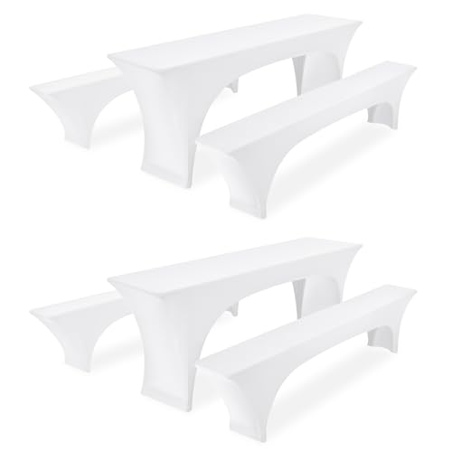 Zwei 3er-Sets Elastische Biertischhussen, Weiß Biertisch und Bankabdeckung,50 cm Tischbreite, 220 x 50 x 70 cm Bierzeltabdeckung für Bankett-Partys im Freien Bierbank von FXKS