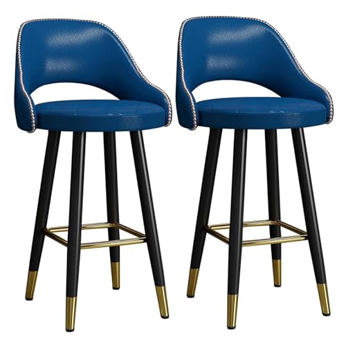 2 Stück PU-Barhocker, gebogener, gepolsterter Hochstuhl, Kücheninselhocker mit hohler Rückenlehne, goldener quadratischer Fußstütze und Metallbein for die Theke, Bistro-Barhocker(Blue,65cm(25.6'')) von FXLUHAY