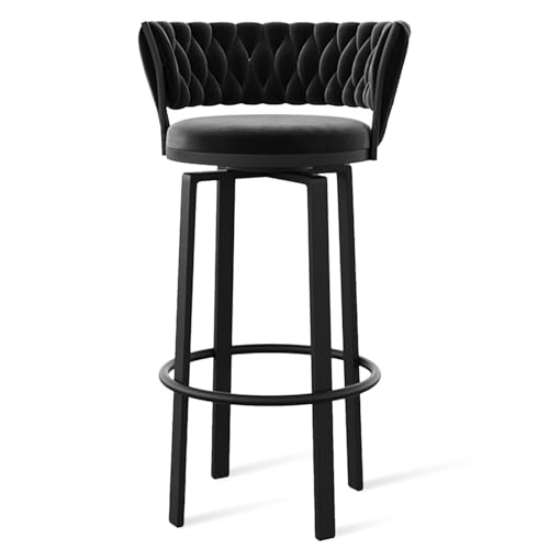 FXLUHAY 360 ° drehbare Barhocker, 1er-/2er-/3er-Set, offene Barhocker aus Samt mit gewebter Rückenlehne und Gold-/schwarzer Fußstütze, Esszimmerstühle for Kücheninseln und Pubs(Black Black Leg,1 PCS) von FXLUHAY