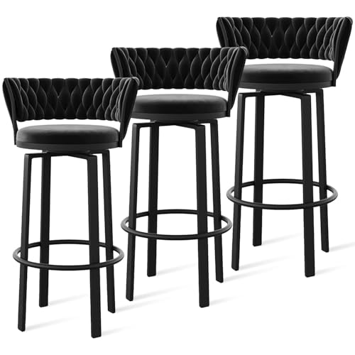FXLUHAY 360 ° drehbare Barhocker, 1er-/2er-/3er-Set, offene Barhocker aus Samt mit gewebter Rückenlehne und Gold-/schwarzer Fußstütze, Esszimmerstühle for Kücheninseln und Pubs(Black Black Leg,3 PCS) von FXLUHAY