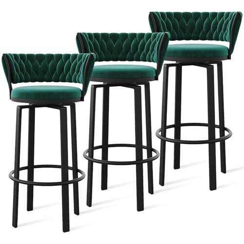 FXLUHAY 360 ° drehbare Barhocker, 1er-/2er-/3er-Set, offene Barhocker aus Samt mit gewebter Rückenlehne und Gold-/schwarzer Fußstütze, Esszimmerstühle for Kücheninseln und Pubs(Green Black Leg,3 PCS) von FXLUHAY