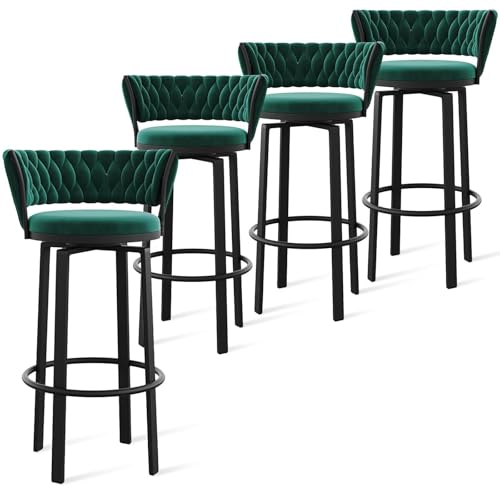 FXLUHAY 360 ° drehbare Barhocker, 1er-/2er-/3er-Set, offene Barhocker aus Samt mit gewebter Rückenlehne und Gold-/schwarzer Fußstütze, Esszimmerstühle for Kücheninseln und Pubs(Green Black Leg,4 PCS) von FXLUHAY