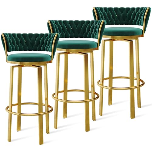 FXLUHAY 360 ° drehbare Barhocker, 1er-/2er-/3er-Set, offene Barhocker aus Samt mit gewebter Rückenlehne und Gold-/schwarzer Fußstütze, Esszimmerstühle for Kücheninseln und Pubs(Green Gold Leg,3 PCS) von FXLUHAY