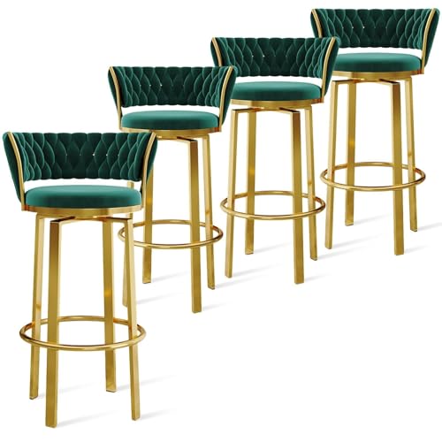 FXLUHAY 360 ° drehbare Barhocker, 1er-/2er-/3er-Set, offene Barhocker aus Samt mit gewebter Rückenlehne und Gold-/schwarzer Fußstütze, Esszimmerstühle for Kücheninseln und Pubs(Green Gold Leg,4 PCS) von FXLUHAY