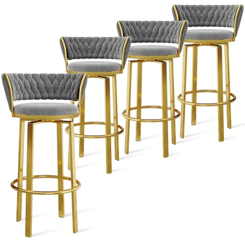 FXLUHAY 360 ° drehbare Barhocker, 1er-/2er-/3er-Set, offene Barhocker aus Samt mit gewebter Rückenlehne und Gold-/schwarzer Fußstütze, Esszimmerstühle for Kücheninseln und Pubs(Grey Gold Leg,4 PCS) von FXLUHAY