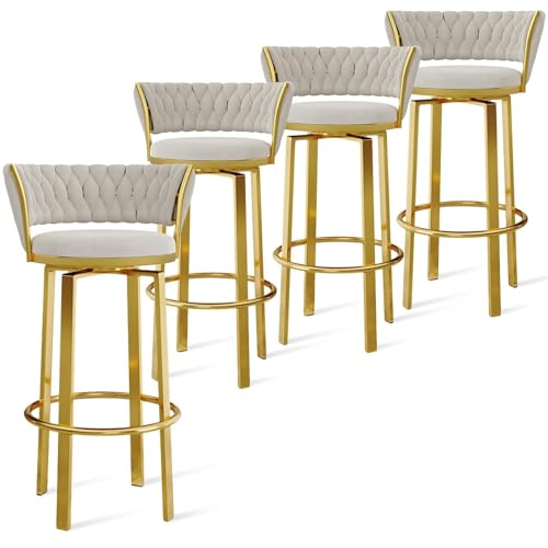 FXLUHAY 360 ° drehbare Barhocker, 1er-/2er-/3er-Set, offene Barhocker aus Samt mit gewebter Rückenlehne und Gold-/schwarzer Fußstütze, Esszimmerstühle for Kücheninseln und Pubs(White Gold Leg,4 PCS) FXLUHAY 360 ° drehbare Barhocker, 1er-/2er-/3er-Set, offene Barhocker aus Samt mit gewebter Rückenlehne und Gold-/schwarzer Fußstütze, Esszimmerstühle for Kücheninseln und Pubs(White Gold Leg,4 PCS) von FXLUHAY
