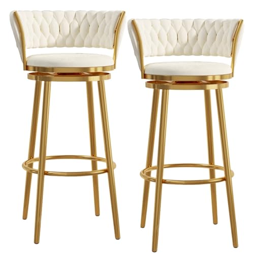 FXLUHAY Barhocker aus Samt, 2er-Set, 360° drehbare Esszimmerstühle mit Metallbeinen, Moderne Barhocker in Thekenhöhe for Home-Office-Kücheninselstuhl(White-a,Seat Height 65cm(25.6'')) von FXLUHAY