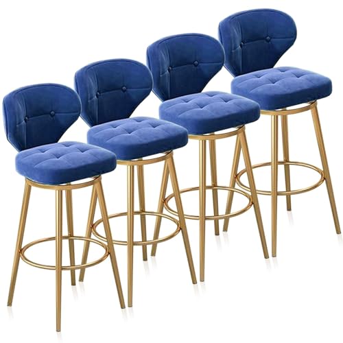 FXLUHAY Barhocker in Thekenhöhe aus Samt mit Rückenlehne, gepolsterte Barstühle, drehbarer Barhocker, 4er-Set, gepolsterte Esszimmerstühle for die Küche zu Hause, die Kücheninsel(Blue,Gold Leg 75cm) von FXLUHAY