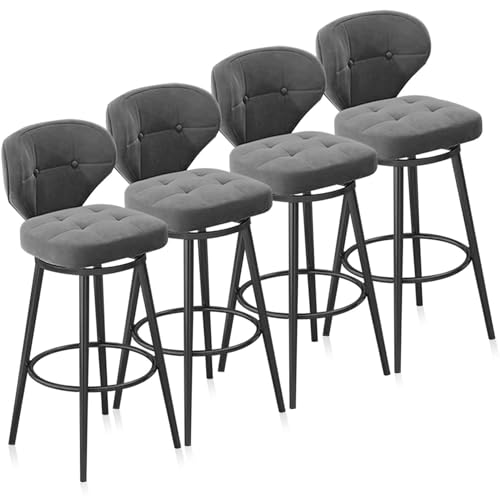 FXLUHAY Barhocker in Thekenhöhe aus Samt mit Rückenlehne, gepolsterte Barstühle, drehbarer Barhocker, 4er-Set, gepolsterte Esszimmerstühle for die Küche zu Hause, die Kücheninsel(Grey,Black Leg 65cm) von FXLUHAY