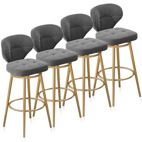 FXLUHAY Barhocker in Thekenhöhe aus Samt mit Rückenlehne, gepolsterte Barstühle, drehbarer Barhocker, 4er-Set, gepolsterte Esszimmerstühle for die Küche zu Hause, die Kücheninsel(Grey,Gold Leg 65cm) von FXLUHAY