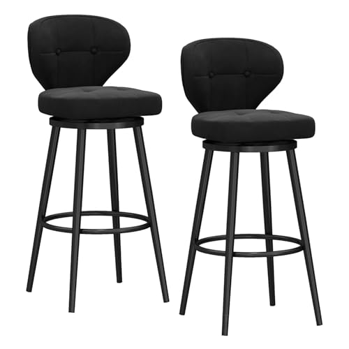 FXLUHAY Drehbare Barhocker, 2er-Set, Barhocker in Thekenhöhe, Moderne Barhocker aus Samt mit mittelhoher Rückenlehne, gepolsterter Barstuhl mit Metallfuß, Hocker for Kücheninseln(Black+Black) von FXLUHAY
