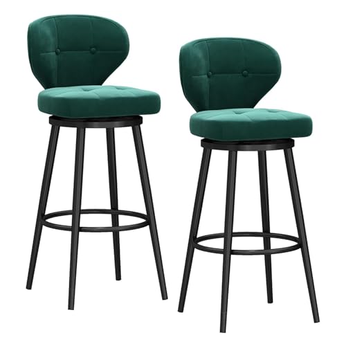 FXLUHAY Drehbare Barhocker, 2er-Set, Barhocker in Thekenhöhe, Moderne Barhocker aus Samt mit mittelhoher Rückenlehne, gepolsterter Barstuhl mit Metallfuß, Hocker for Kücheninseln(Green+Black) von FXLUHAY